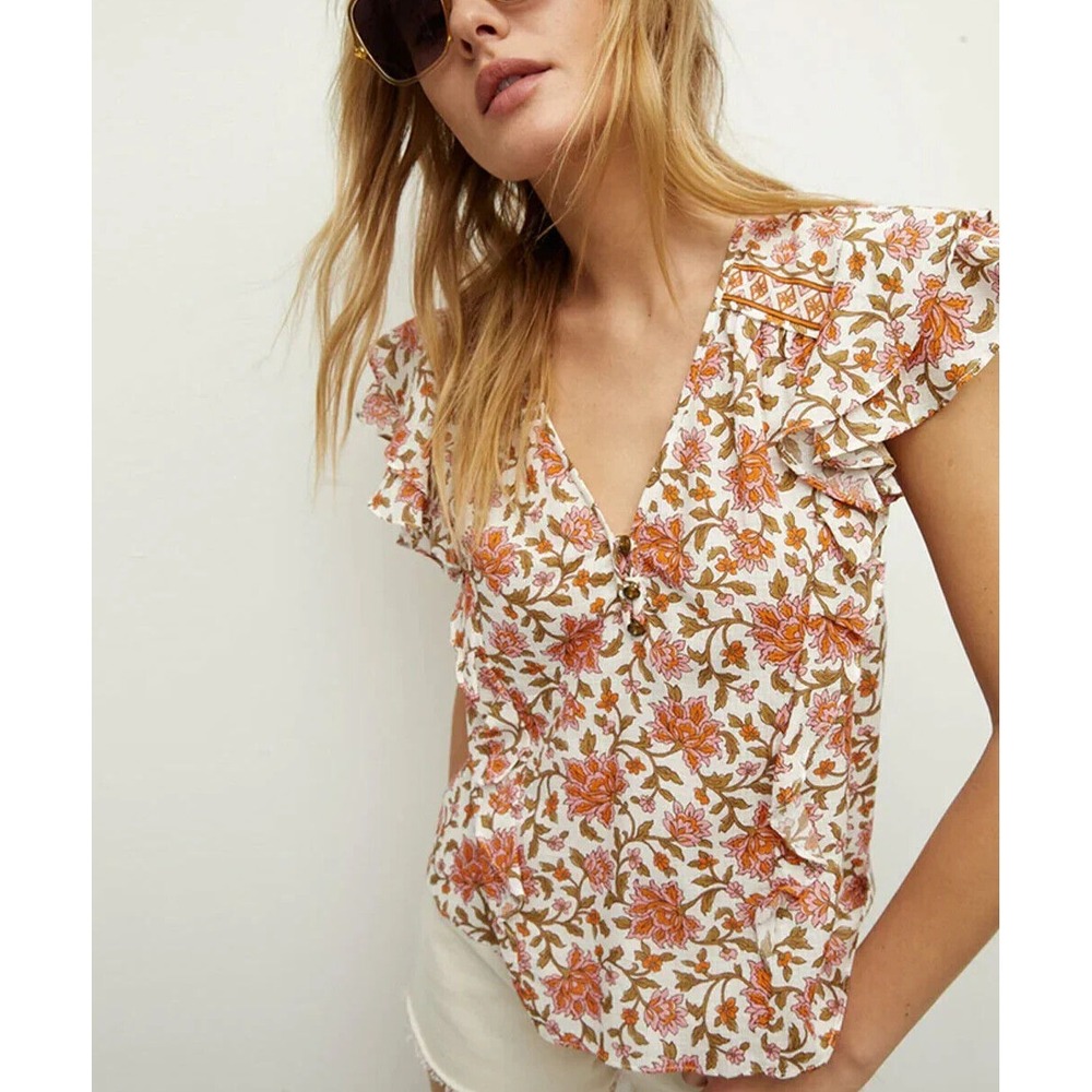 NWT Veronica Beard Joi Top Off White Multi 100% Cotton Floral V-Neck Size 6 $348